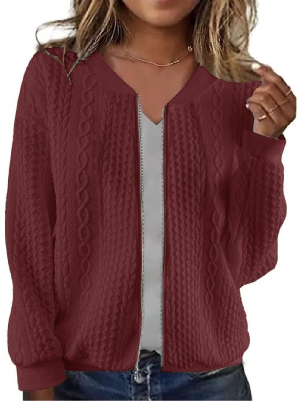 〽️Women Wine Red Zip Up Sweatshirt Stand Collar Casual Pocket Fall Fashion Coat